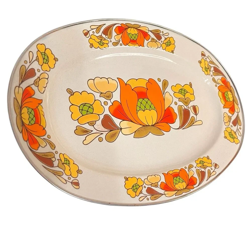 MCM Vintage 1970s Sanko Ware Porcelain Enameled Steel Country Flowers Platter